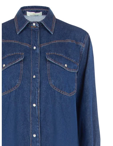 Korte oversized denimblousejurk met zakjes en drukknopen Rinascimento