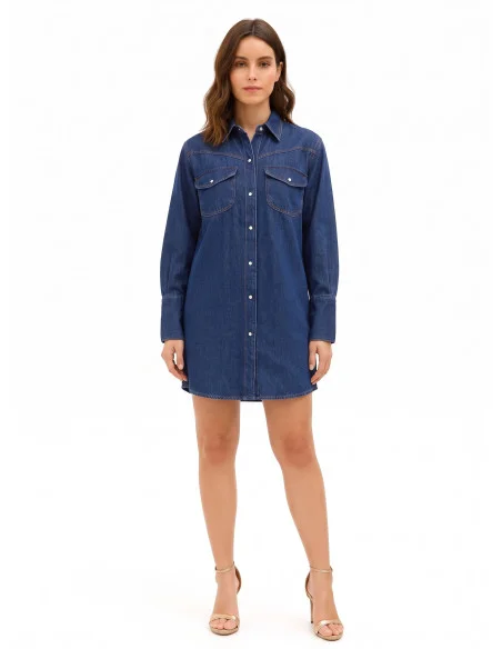Korte oversized denimblousejurk met zakjes en drukknopen Rinascimento