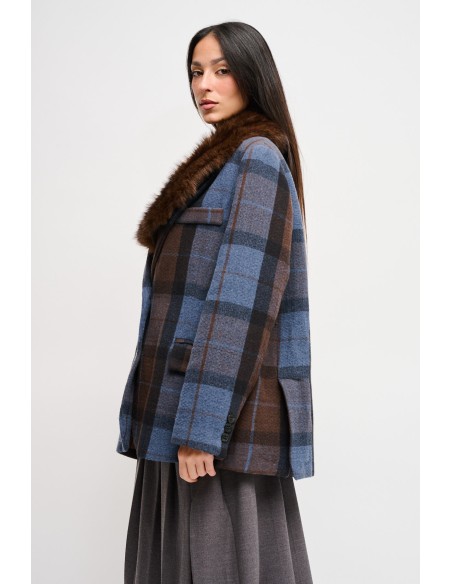 Geruite oversized jas met kraag van imitatiebont Maryley