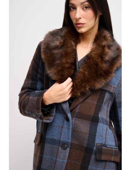 Geruite oversized jas met kraag van imitatiebont Maryley