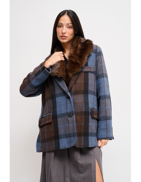 Geruite oversized jas met kraag van imitatiebont Maryley
