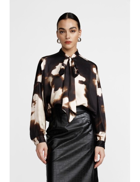 Dixie-blouse met abstracte print, strik en lange mouwen