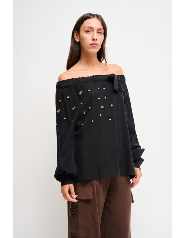 Viscose top met boothals en strass-steentjes van Maryley