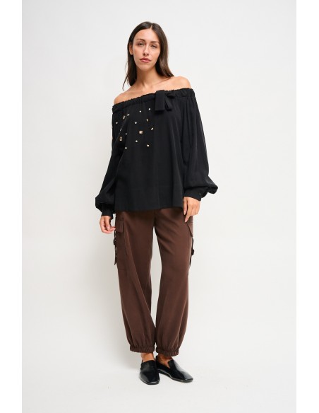 Viscose top met boothals en strass-steentjes van Maryley