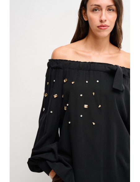 Viscose top met boothals en strass-steentjes van Maryley