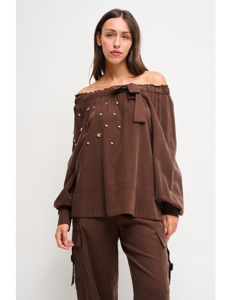 Viscose top met boothals en strass-steentjes van Maryley