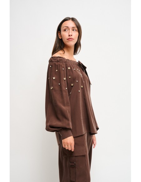 Viscose top met boothals en strass-steentjes van Maryley
