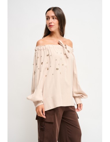 Viscose top met boothals en strass-steentjes van Maryley