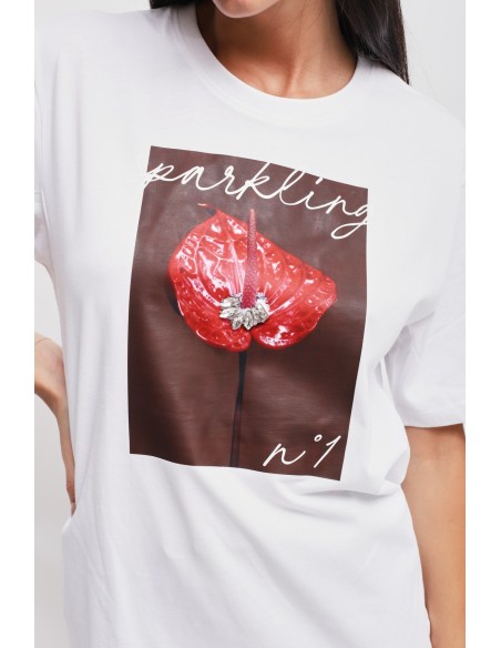 Katoenen T-shirt met print en strass-steentjes van Maryley