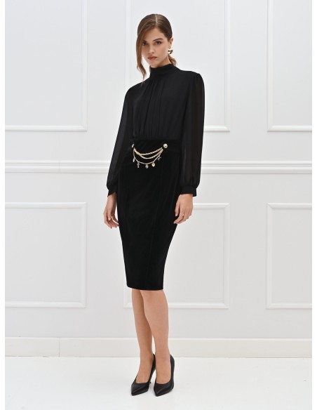 2-delige jurk met top van georgette en fluwelen rok met kettingen en hangers Rinascimento