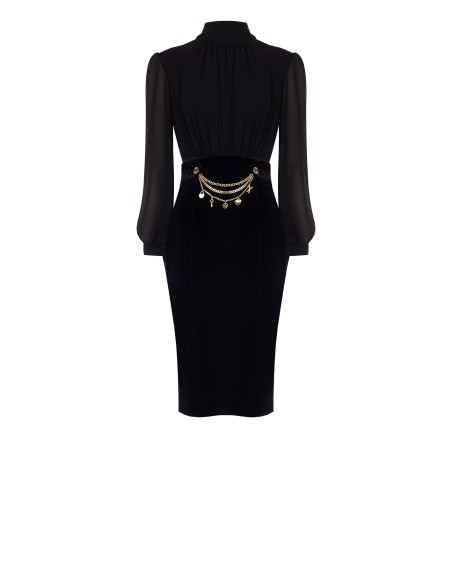 2-delige jurk met top van georgette en fluwelen rok met kettingen en hangers Rinascimento