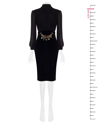 2-delige jurk met top van georgette en fluwelen rok met kettingen en hangers Rinascimento