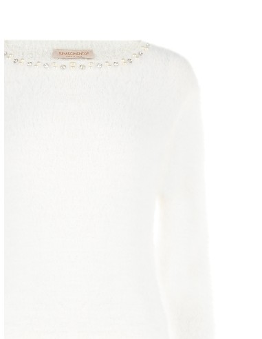 Fluffy trui met parels en strass, ronde hals, Rinascimento