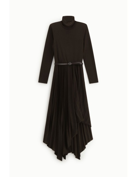 Lange jurk met hoge hals en asymmetrische geplooide rok Dixie