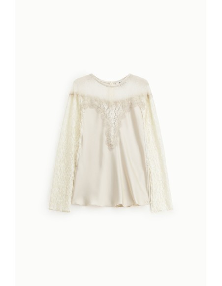 Dixie-blouse met kanten mouwen en ronde halslijn