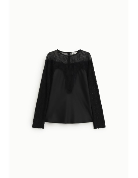 Dixie-blouse met kanten mouwen en ronde halslijn