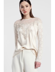 Dixie-blouse met kanten mouwen en ronde halslijn