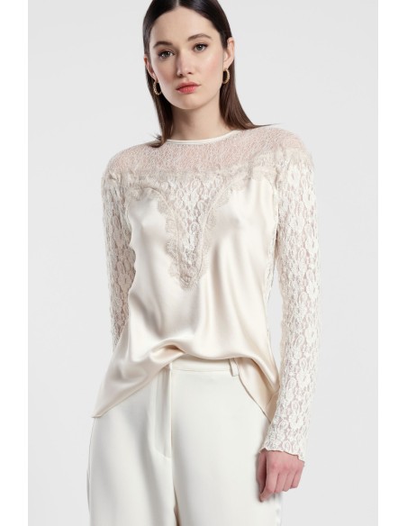 Dixie-blouse met kanten mouwen en ronde halslijn