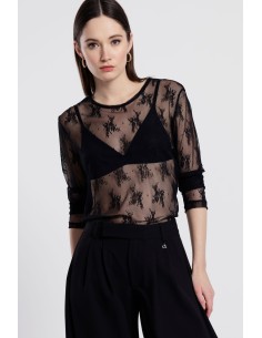 Dixie T-shirt met lange mouwen van geborduurde tule