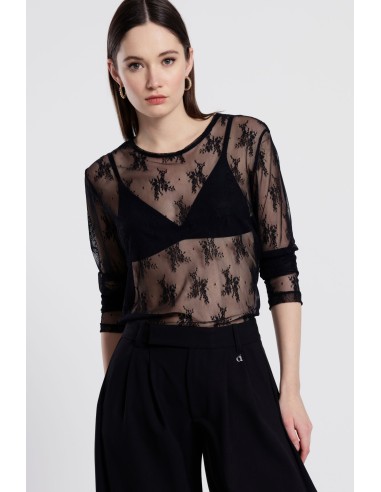 Dixie T-shirt met lange mouwen van geborduurde tule