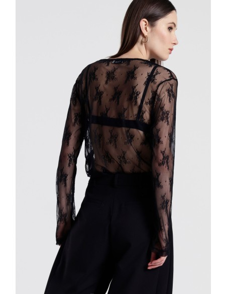 Dixie T-shirt met lange mouwen van geborduurde tule