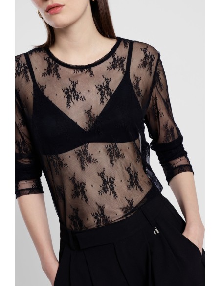 Dixie T-shirt met lange mouwen van geborduurde tule
