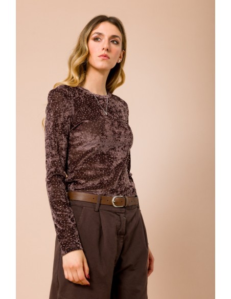Maryley Blouse met lange mouwen, ronde hals en all-over strassversiering