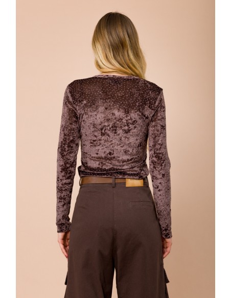 Maryley Blouse met lange mouwen, ronde hals en all-over strassversiering