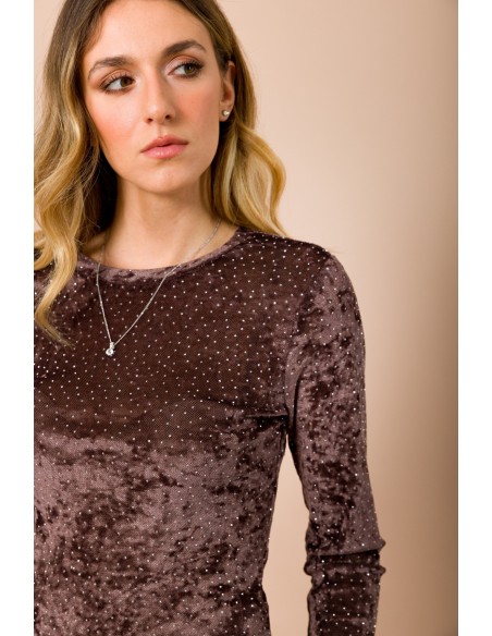 Maryley Blouse met lange mouwen, ronde hals en all-over strassversiering
