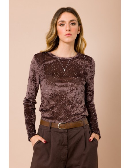 Maryley Blouse met lange mouwen, ronde hals en all-over strassversiering