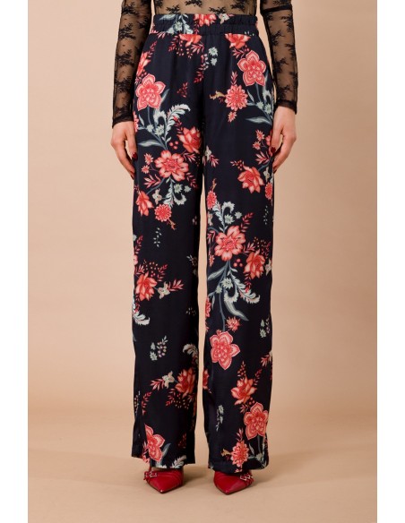 Rechte broek met elastische taille van viscosesatijn met fantasieprint Maryley