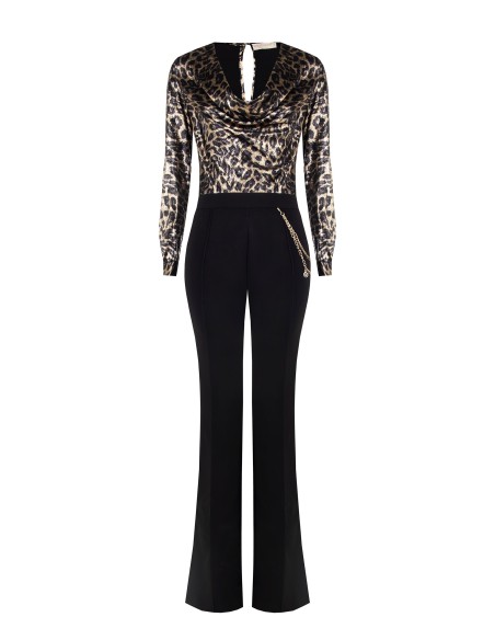 Wijde jumpsuit van glitterfluweel met dubbele V-hals en zakken – Rinascimento