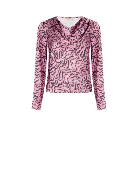 Ruime satijnen blouse met dierenprint en gedrapeerde halslijn van Rinascimento