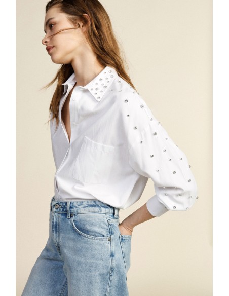 Lange blouse met studs, zak en puntkraag Dixie