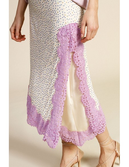 Dixie midi-rok met stippenprint en kanten zoom