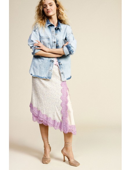 Dixie midi-rok met stippenprint en kanten zoom