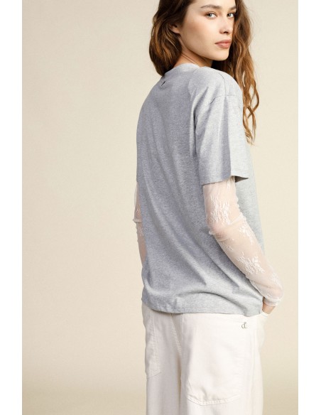 T-shirt met ronde hals en lange mouwen van geborduurde tule Dixie