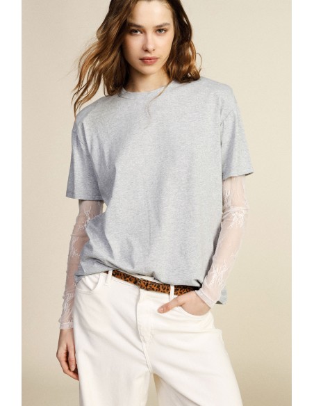 T-shirt met ronde hals en lange mouwen van geborduurde tule Dixie