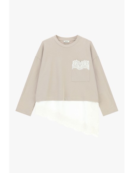 T-shirt met lange mouwen, zak en kanten rand Dixie