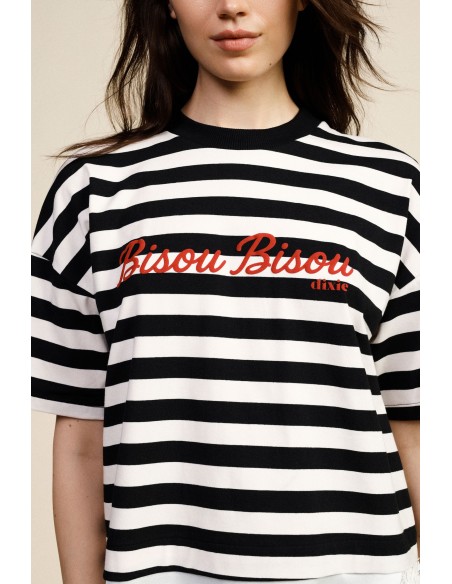 Gestreept T-shirt met opschrift en asymmetrische zoom Dixie