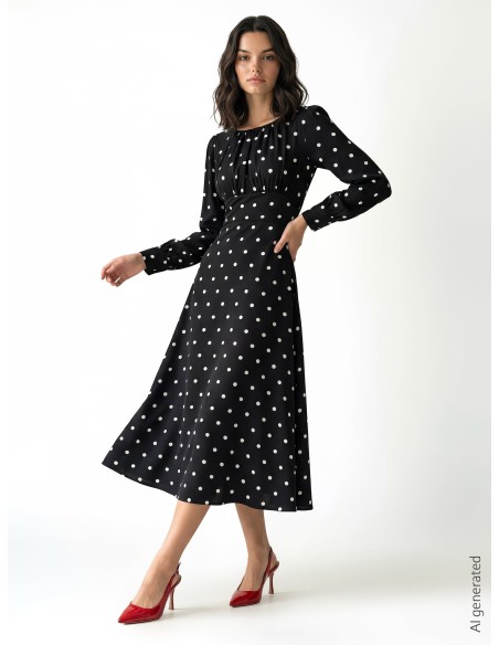 Satijnen midi-jurk met stippen en doorgestikte halslijn Rinascimento