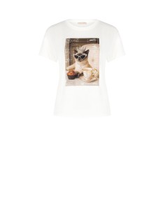 Regular T-shirt van katoen met kattenprint en strass-steentjes van Rinascimento