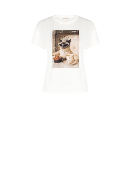 Regular T-shirt van katoen met kattenprint en strass-steentjes van Rinascimento