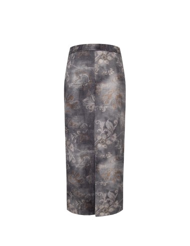 Lange kokerrok van gewassen denim met bloemenprint Rinascimento