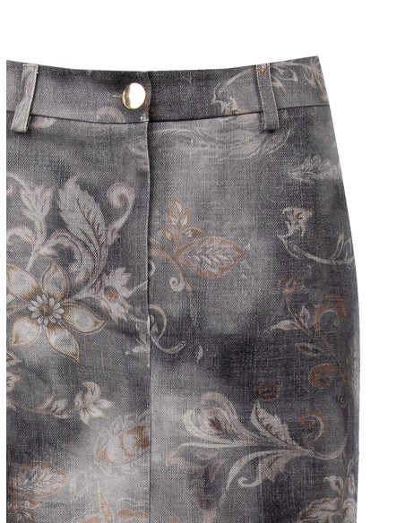 Lange kokerrok van gewassen denim met bloemenprint Rinascimento