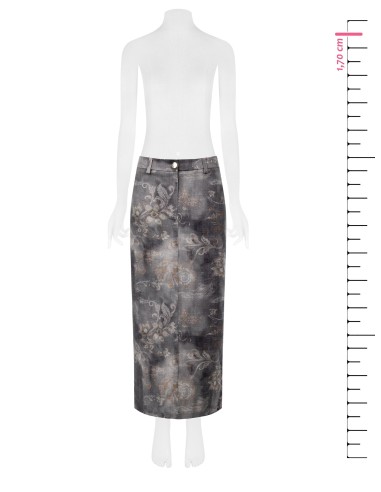 Lange kokerrok van gewassen denim met bloemenprint Rinascimento