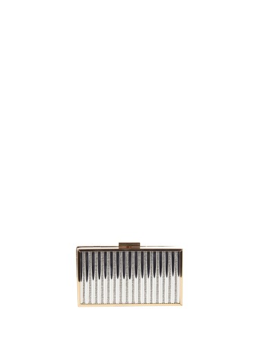 Harde metallic clutch met strepen van strass en een ketting als schouderriem binnenin – Rinascimento
