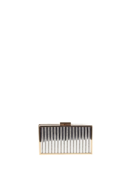 Harde metallic clutch met strepen van strass en een ketting als schouderriem binnenin – Rinascimento