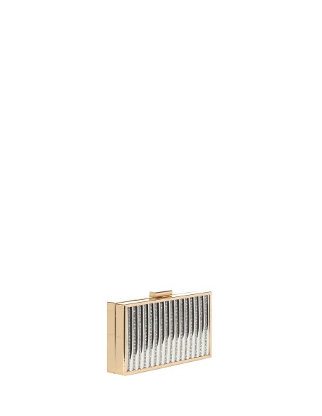 Harde metallic clutch met strepen van strass en een ketting als schouderriem binnenin – Rinascimento