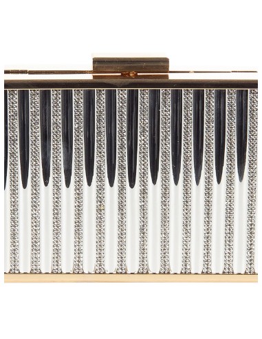 Harde metallic clutch met strepen van strass en een ketting als schouderriem binnenin – Rinascimento
